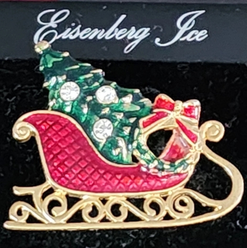 **NWT** Vintage Eisenberg Ice Christmas Sleigh Tree, Gold Tone Enamel Brooch